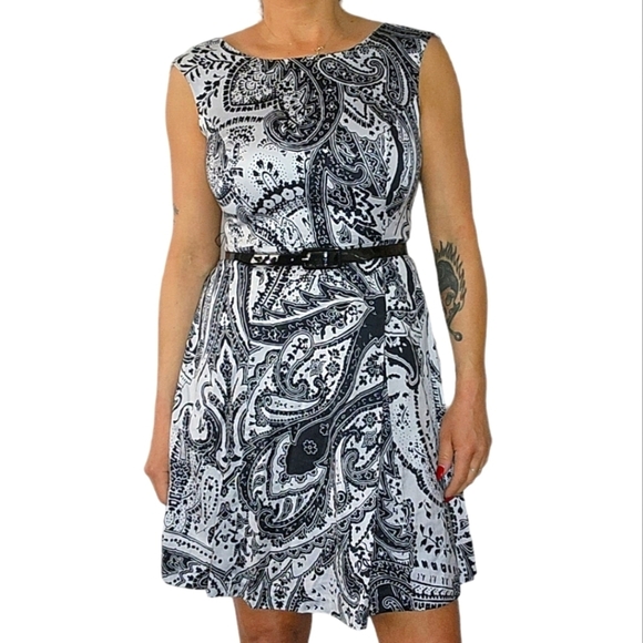 INC Belted Black White Paisley Midi Dress Size 8 Petite Sleeveless - Picture 1 of 4